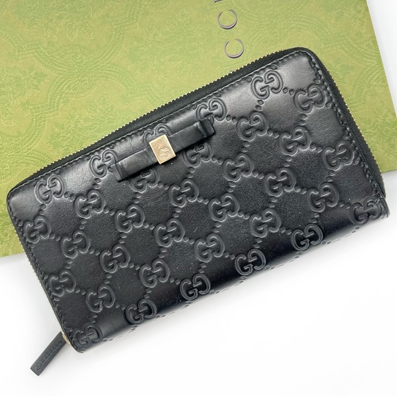 GUCCI Bow Zip Around Guccissima Leather Long Wallet Black Zippy Authentic - Picture 17 of 17